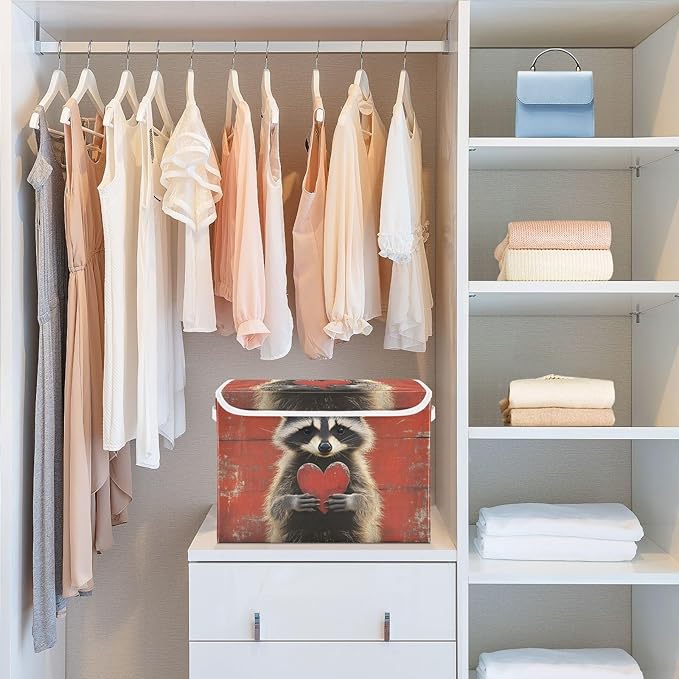 AIXIWAWA Lidded Storage Cube (Heart Raccoon) Fabric Foldable Closet Bins with Flip Lid and Handles Organizer Basket Container 16.5 x 12.6 x 11.8 IN