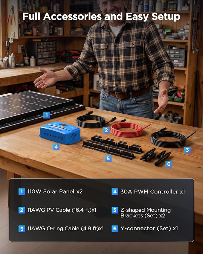 ZOUPW 220W N-Type 16BB Solar Panel Kit(2 * 110W) with 30A PWM Charge Controller25% High Efficiency Mono Offgrid Power System for 12V/24V Battery11AWG Cables Y-connectors for RV Boat Camper Cabin