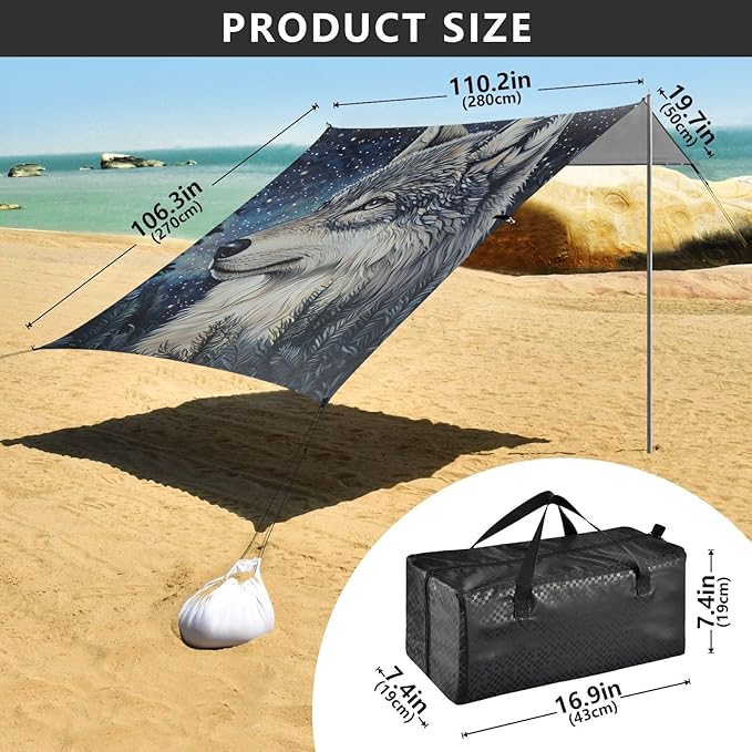ALAZA Starry Wolf Night Beach Tent Sun Shelter Portable Canopy Sunshade for Outdoor Camping Picnics Backyard Fun 10x9 ft