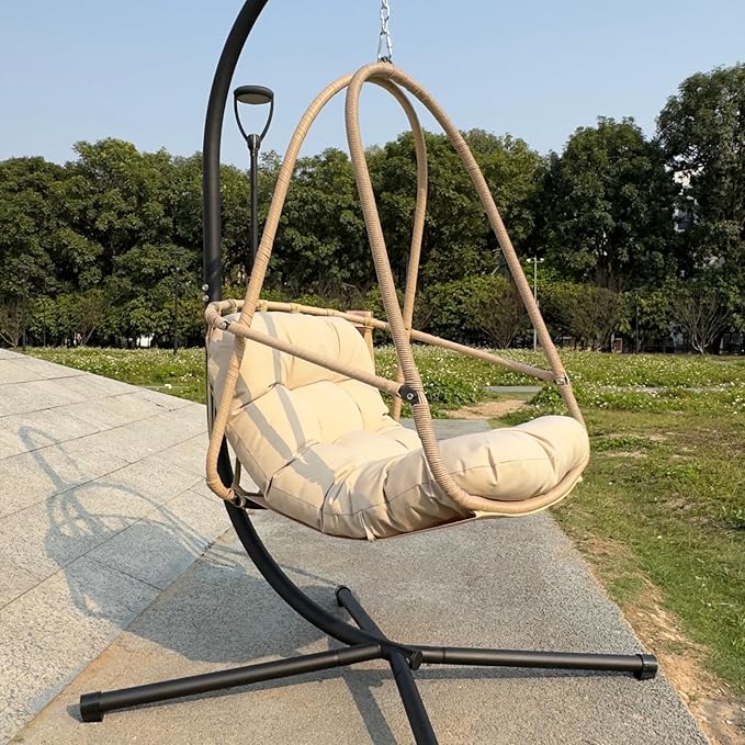 Swing Egg Chair with Stand Indoor Outdoor Wicker Rattan Patio Basket Hanging Chair with C Type Bracket with Cushion and PillowPatio Wicker Folding Hanging Chair(Special Construction Cup Holder