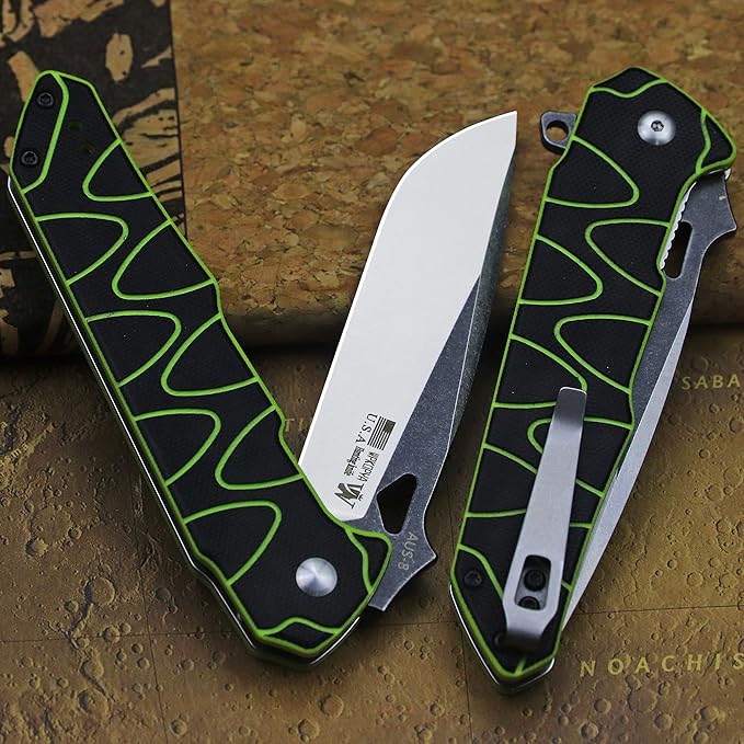 WPKOPYA 8.4in Folding Knife AUS-8 Steel Blade G10 Handle with Anti-Slip Texture Ball Bearing Pivot Stonewashed Finish EDC Pocket Knife for Camping Hiking Survival (AUS-8 (G10 black/green))