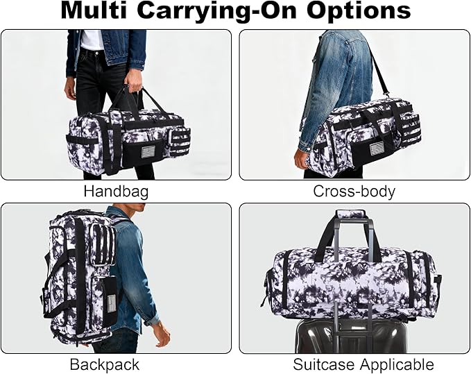 LHI 50L Tactical Duffle Bag for Men 3-in-1 Gym Duffle and Backpack Shoe Compartment Laptop Sleeve and MOLLE Carry-On Travel Weekender and Overnight Bag – Black and White