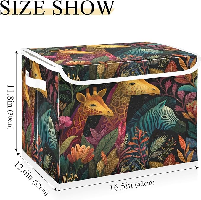 Fantasy Jungle Giraffes Zebra Black Collapsible Storage Bins with Lids Decorative Fabric Cubes Closet Organizer Basket Boxes Containers for Clothes Box Chest Folding Rectangl