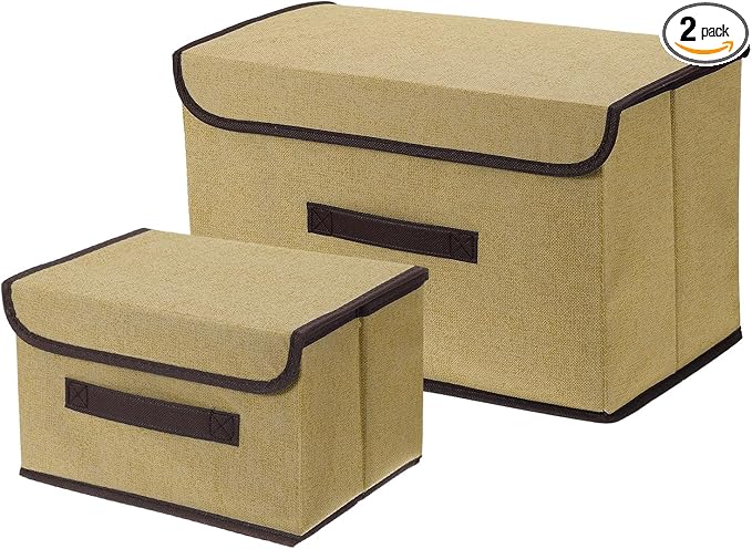 uxcell 2Pcs Storage Bin with Lid Fabric Foldable Box Decorative Storage Boxes with Lids for Keepsake Shelf Closet Nursery Home Bedroom(Beige Yellow S &amp L Size)