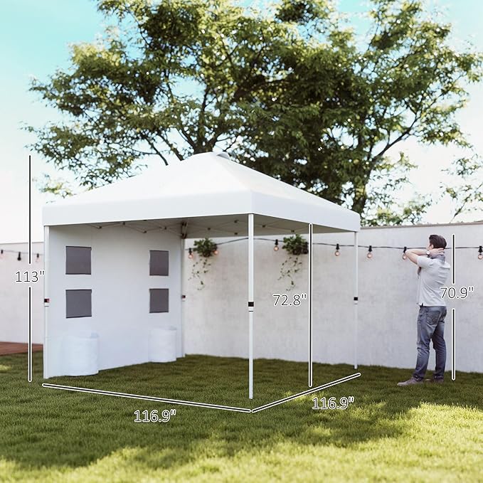 10'x10' Premium Quality Complete Height Adjustable Pop Up Canopy Tent with Sidewall Panels and Multiple Storage Pockets Pure White