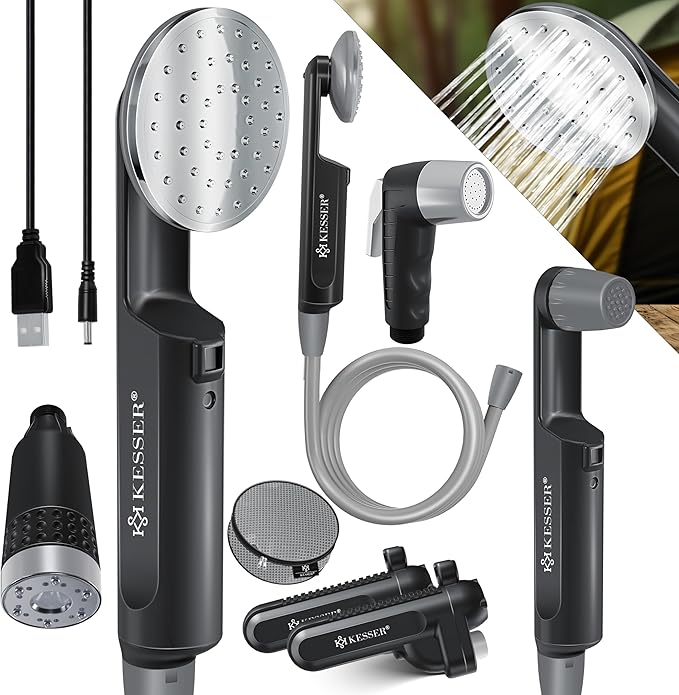 KESSER Camping Shower with Battery | Submersible Pump | Shower Head | 2 x 2200 mAh Lithium Batteries USB Charging Cable for Camping Garden Car