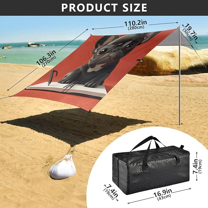 ALAZA Cute Puppy French on Red Beach Tent Sun Shelter Portable Canopy Sunshade for Outdoor Camping Picnics Backyard Fun 10x9 ft