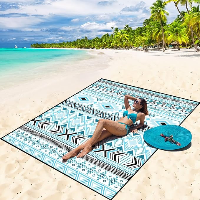 Beach Blanket Waterproof Sandproof Beach Mat 79 X 83/10'x9'for 2-8 Adults Quick Drying Outdoor Picnic Mat Beach Accessories for Travel Camping Hiking