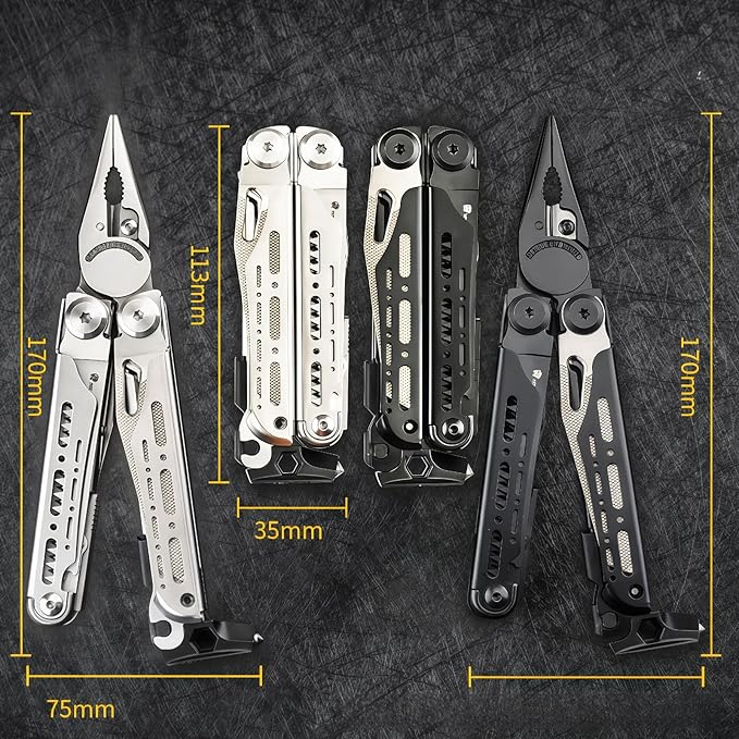 Multitool 15-in-1 Full-Size Lightweight EDC Multi-Purpose Pliers With Safety Locking Nylon Bag Tactical Gear Camping Knives &amp Tools 7CR17 BladeFlint striker Gift Ideas for Men (Black)