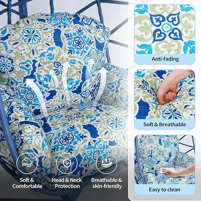 Hanging Egg Chair with Stand Outdoor Indoor Patio Rattan Swing Hammock Chairs with Washable Cushion 350lbs Capacity PE Wicker Swing Chair for Backyard Bedroom Garden (Blue + Floral Cushion)