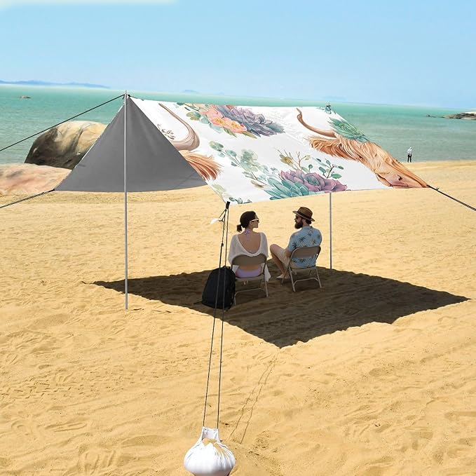 ALAZA Highland Cattle Succulent Pattern Beach Tent Sun Shelter Portable Canopy Sunshade for Outdoor Camping Picnics Backyard Fun 10x9 ft