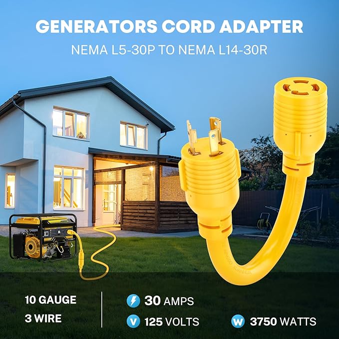 Kohree NEMA L5-30P to L14-30R Adapter Cord 3 Prong to 4 Prong Generator Adapter STW 10 AWG 12 30 Amp L5-30P Male Generator to L14-30R Transfer Switch Female Adapter