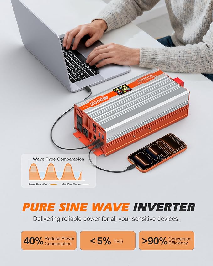 2000W Pure Sine Wave Power Inverter 24V to 120V AC Converter 4000W Peak for RV Truck Solar with Dual AC and 20A Outlets4 Quick Charging USB Ports Remote Controller