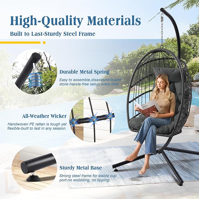 Hanging Egg Chair with Stand Foldable Hanging Chair with Cushion Wicker Rattan Hammock Swing Chair Indoor Outdoor Lounging Chair 350 LBS Capacity for Patio Bedroom Balcony Garden