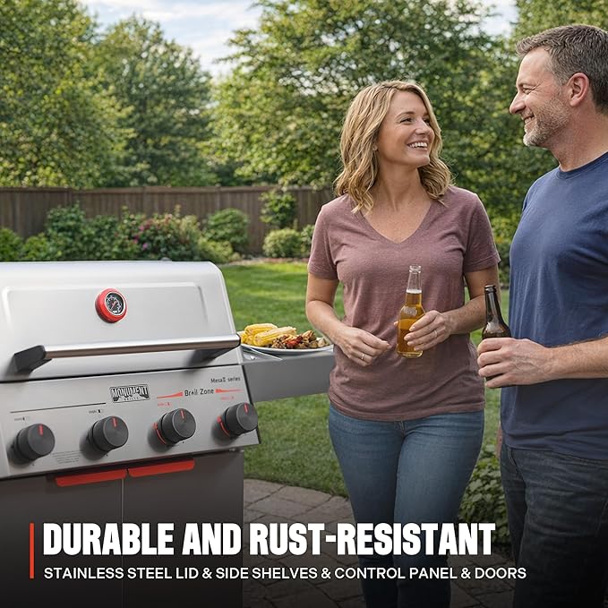 Monument Grills 4 Burner Stainless Steel Propane Gas Grill M2 500°F in 5 Mins 525 sq.in 37000 BTU with Broil Zone Foldable Side Shelves Knob Controls Built in Thermometer with Paper Rack