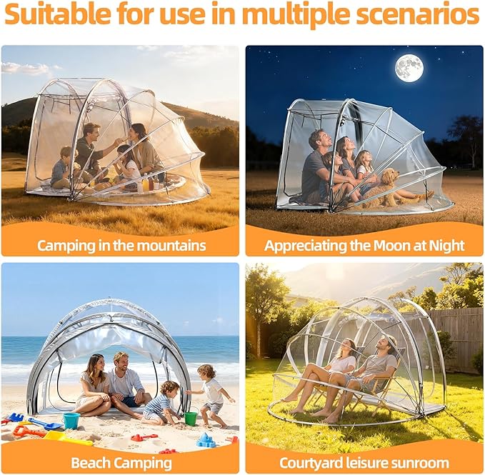 4-Person Sun Tent - Instant Pop-Up Bubble Shelter All-Weather Clear View Camping Tent with Vent Waterproof Rainproof Outdoor Screen House for Backyard Beach &amp Sports Events Clear