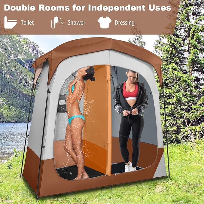 Tangkula Double Room Shower Tent Oversize Space Privacy Tent with Floor Removable Rain Fly Inside Pocket Clothesline Top Hook Portable Outdoor Changing Tent for Dressing Camping Toilet