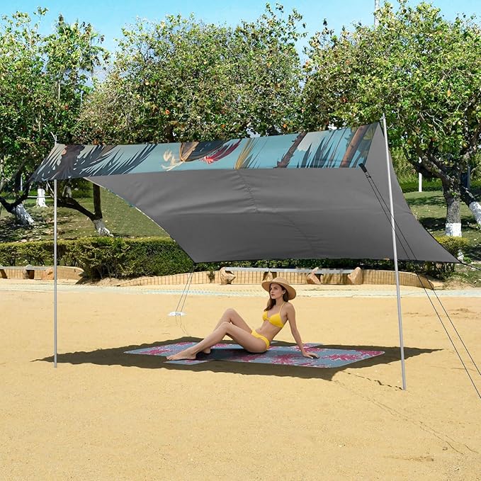 xigua Pirate Beach Tent Sun Shelter with Carrying Bag - Silver Coated Oxford Fabric Beach Canopy for Beach Camping Fishing - Includes Windproof Ropes Sandbags &amp Stakes