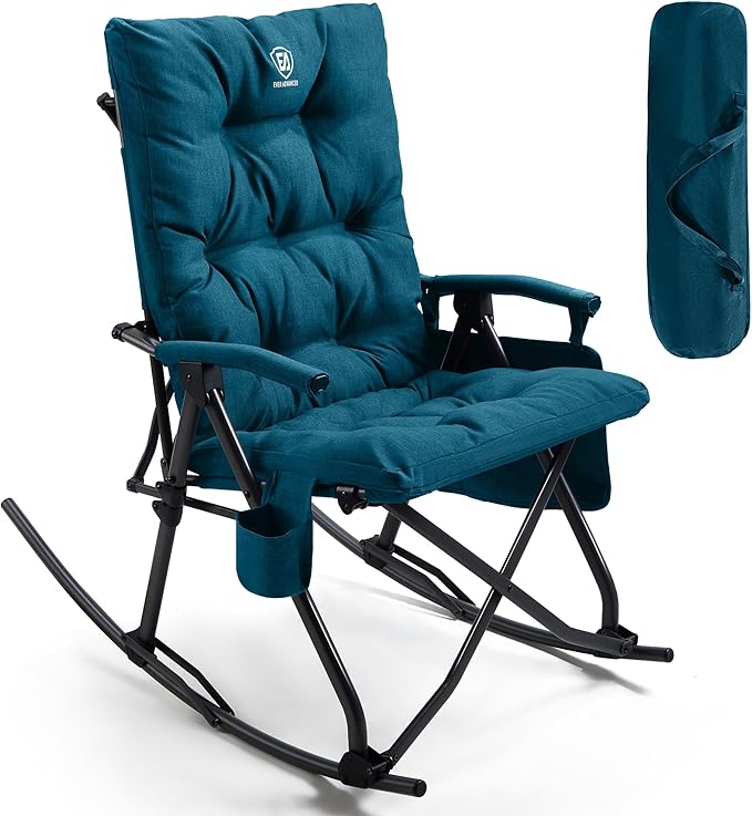 EVER ADVANCED Oversized Folding Rocking Camping Chair Padded Portable Rocker Chair for Patio Lawn and Outdoors Heavy Duty Hard Armchair for Adults Supports 400lbs Green