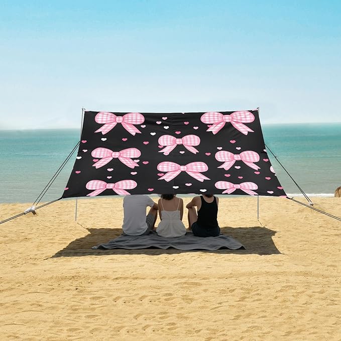 ALAZA Pink Bow Heart Pattern Beach Tent Sun Shelter Portable Canopy Sunshade for Outdoor Camping Picnics Backyard Fun 10x9 ft