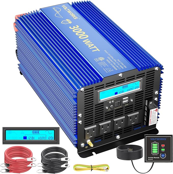 VOLTWORKS 3000W Pure Sine Wave Power Inverter 3000 Watt 12V DC to 110V 120V AC ETL Listed UL458 Compatible with Starlink &amp Lithium Battery for Off-Grid Solar Car RV Truck Boat with 30FT Wired Remo