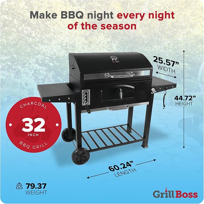 Grill Boss Charcoal Grill with Large 32-Inch Cooking Area - Includes Warming Rack Side Shelves Bottom Storage and Wheels for Outdoor BBQ Tailgating Camping &amp Backyard Grilling