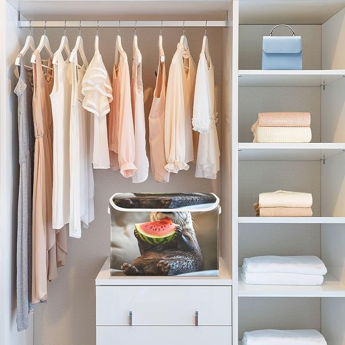 AIXIWAWA Lidded Storage Cube (Otter Watermelon) Fabric Foldable Closet Bins with Flip Lid and Handles Organizer Basket Container 16.5 x 12.6 x 11.8 IN