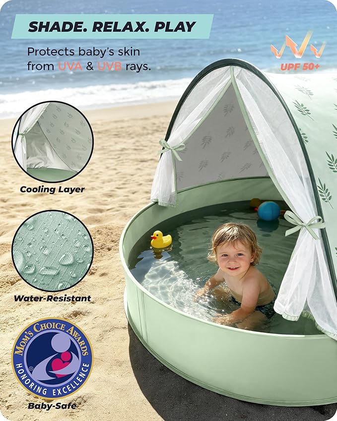 Baby Beach Tent with Pool 3-in-1 Upgrade Pop Up UPF 50+ Sun Protection Shelter with Mosquito Net Babies Toddlers Portable Outdoor Summer Essentials for Beach Backyard Indoor- Green Leaves
