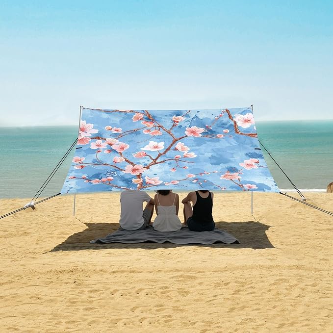 ALAZA Cherry Blossom Sakura Watercolour Beach Tent Sun Shelter UPF50+ Protection Beach Shade Canopy w/ 4 Sandbags for Outdoor Camping Fishing Backyard Fun Picnic 10x9 ft
