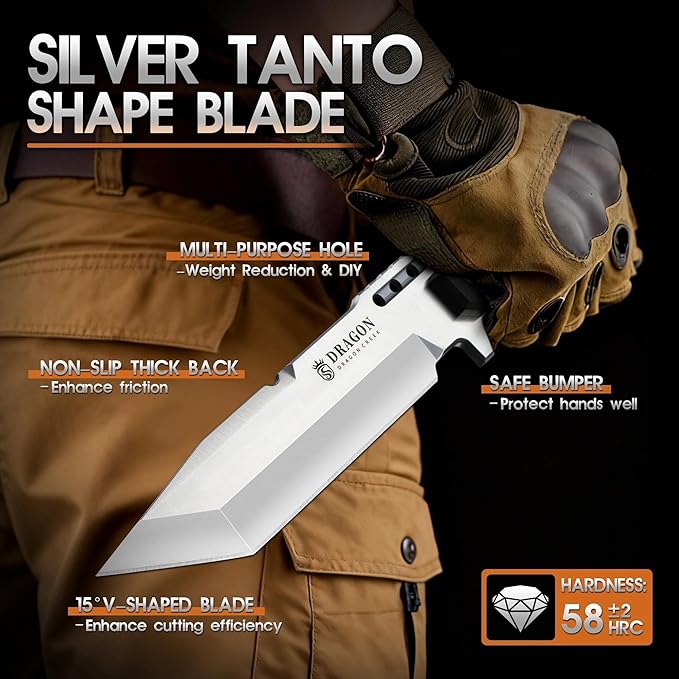 Dragon Creek Fixed Blade Knife - Outdoor Survival Knife for Camping Hiking Gift Men Silver