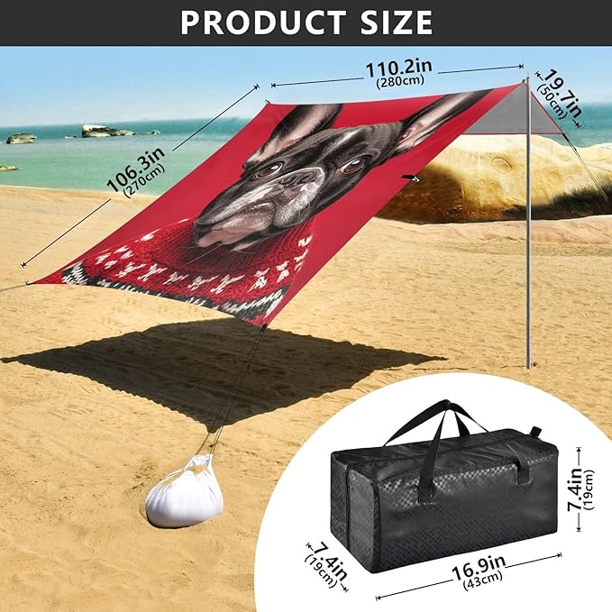 ALAZA French Bulldog Wearing Christmas Sweaters on Red Beach Tent Sun Shelter Portable Canopy Sunshade for Outdoor Camping Picnics Backyard Fun 10x9 ft