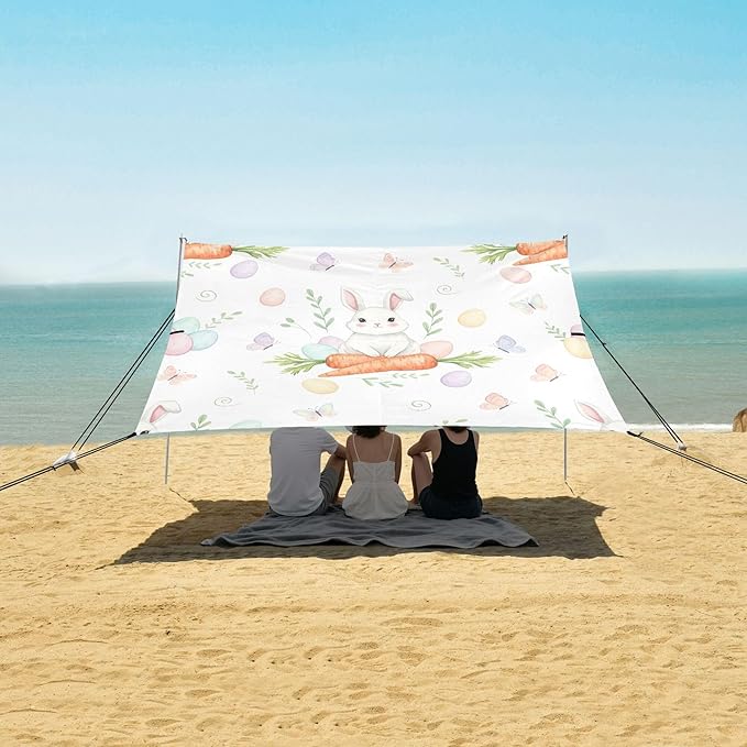 Easter Bunny Beach Canopy Sun Shelter with Sandbags &amp Sand Shovel &amp Windproof Ropes - Portable 110x126 Beach Shade Beach Tent for Camping Picnics