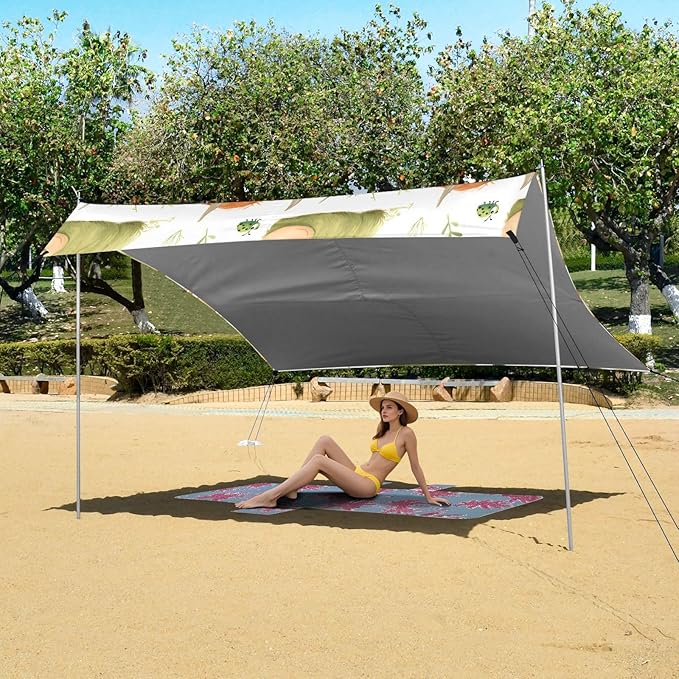 ALAZA Cute Calf Bull Yak Beach Tent Sun Shelter UPF50+ Protection Beach Shade Canopy w/ 4 Sandbags for Outdoor Camping Fishing Backyard Fun Picnic 10x9 ft