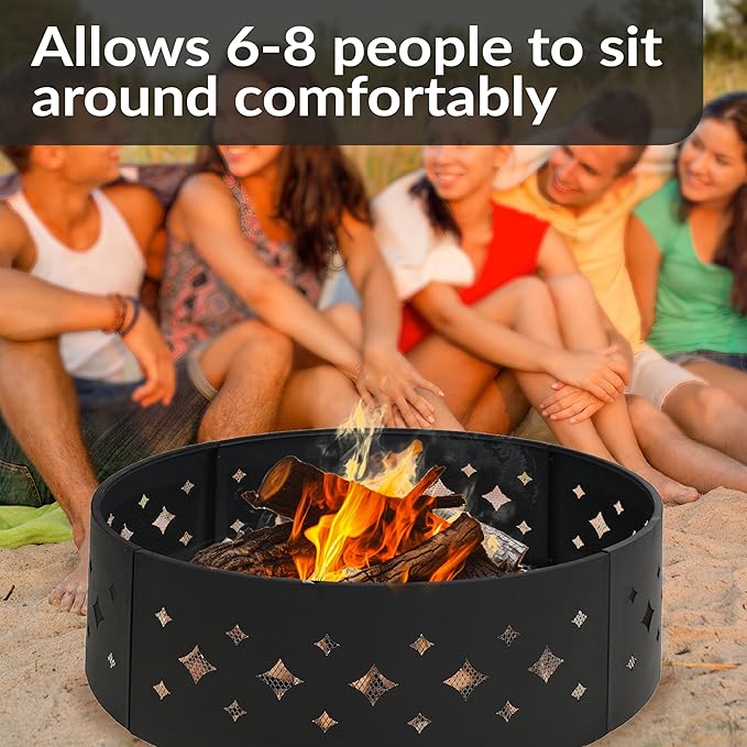 Sunnydaze 36-Inch Outdoor Fire Pit Ring with Poker - Round Heavy-Duty Steel Fire Ring for Camping or Backyard - Diamond - 10 H