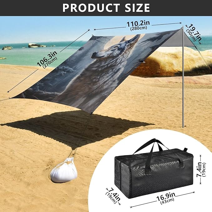 ALAZA Wolf Moon Night Forest Beach Tent Sun Shelter Portable Canopy Sunshade for Outdoor Camping Picnics Backyard Fun 10x9 ft