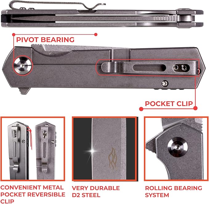 Firebird GANZO FH12-SS Pocket Folding Knife D2 Steel Blade All Steel Handle with Clip Outdoor Camping EDC Utility Pocket Knife (Grey)