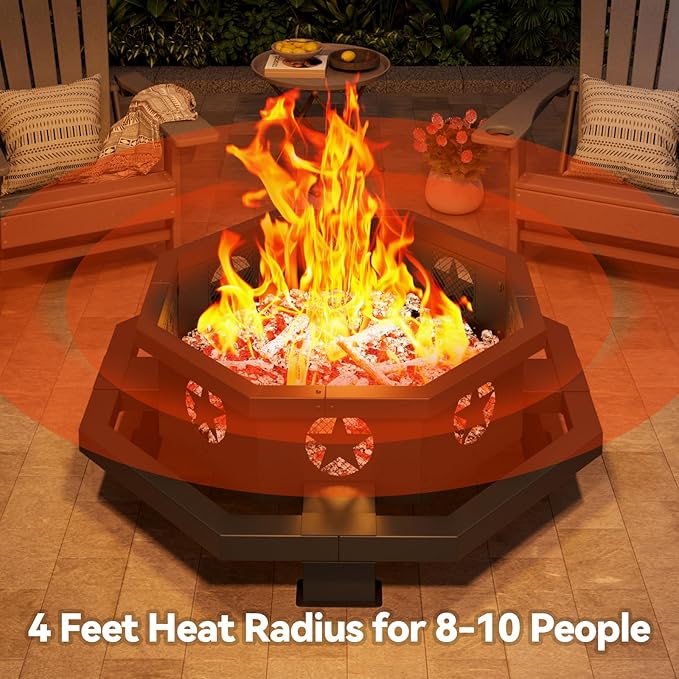 45 Inch Fire Pit for Outside Wood Burning Outdoor Octagonal Fire Pit with Poker Large Firepit for Camping Backyard Patio Black