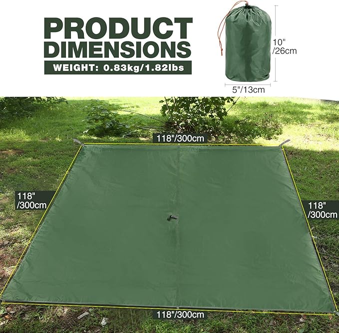 REDCAMP Hammock Rain Fly Camping Tarp Waterproof 10x10ft Lightweight Backpacking Rain Tarp Shelter for Hiking Outdoor Green