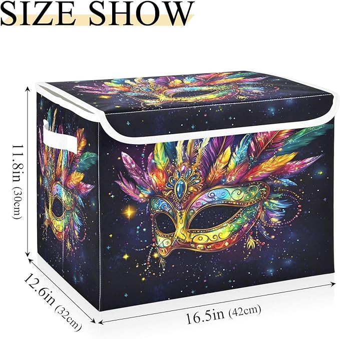 Doodle Mardi Gras Mask Pattern Foldable Storage Baskets Fabric Boxes with Handle Organizers with Flip-Top Lids Storage Bins for Home Bedroom Office