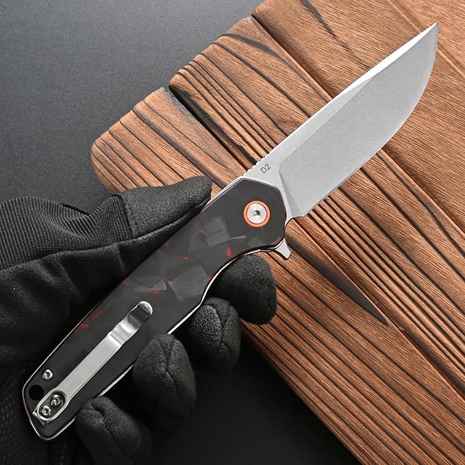 FF19 Folding Pocket KnifeD2 Steel Blade Carbon Fiber Handle EDC Tool Knife for Outdoor Camping Hunting Fishing Working(Red)