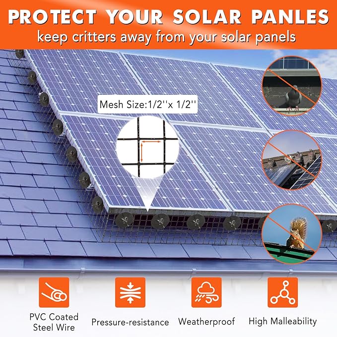 6in x 50ft Solar Panel Bird &amp Critter Guard Kit Includes 60 Fastener Clips 100 Cable Ties Gloves Pliers &amp PVC Coated Wire Mesh for Bird Critters Control