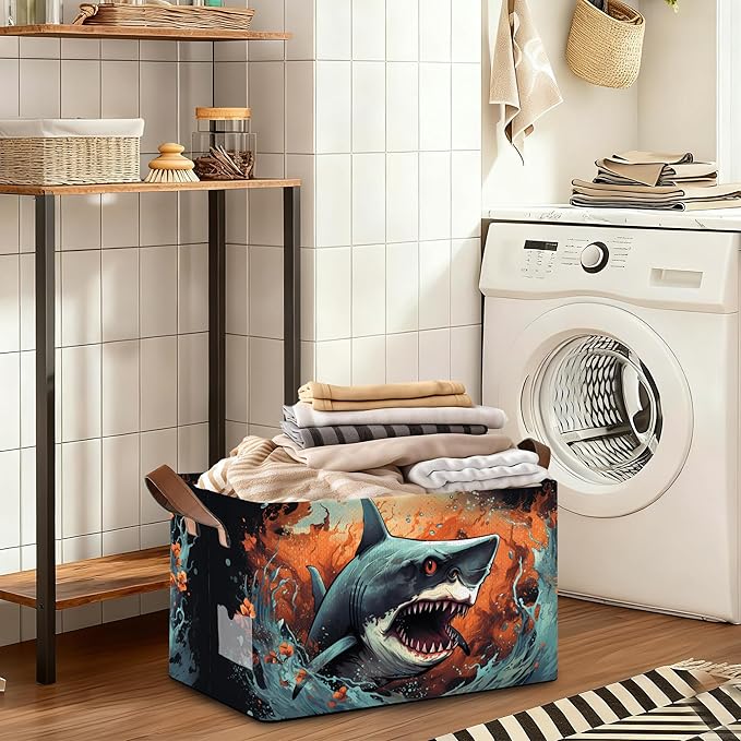 Ocean Shark Storage Bins with Handles Collapsible Storage for Clothes Gift Basket Blankets &amp Closet Organization