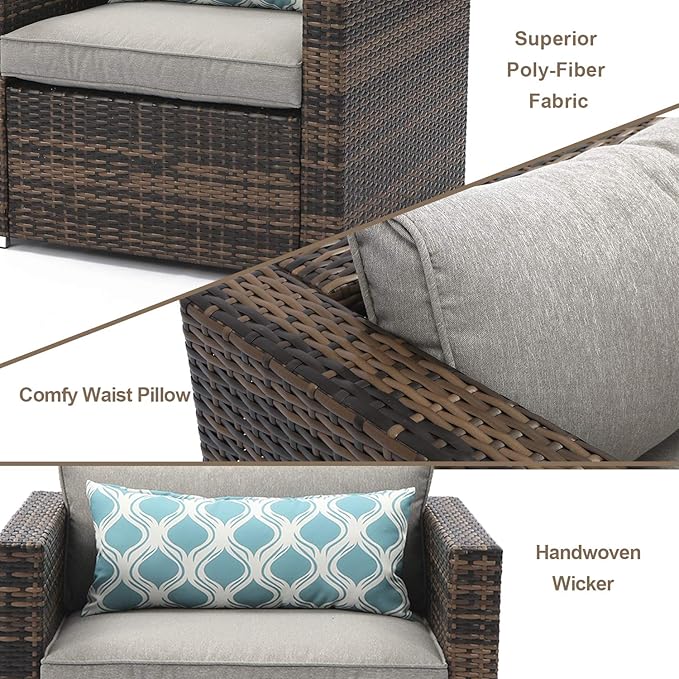 COSIEST 5-Piece Faux Brown Propane Fire Pit Outdoor Furniture Brown Chairs Warm Gray Wicker Thick Cushion Sofa w 32-inch Square Propane Fire Table (50000 BTU) for Garden Pool Backyard