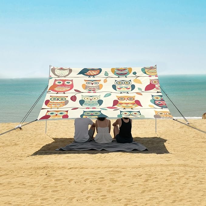 ALAZA Colorful Owl Cartoon on The Tree Beach Tent Sun Shelter Portable Canopy Sunshade for Outdoor Camping Picnics Backyard Fun 10x9 ft