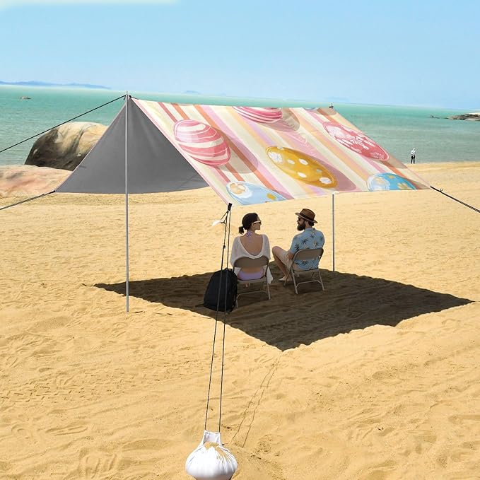 Easter Eggs Rainbow Stripes Beach Tent Sun Shelter Set UPF50+ UV Protection 10.5 x 9.19 FT Camping Shade Canopy with Sandbags Sand Anchors Carrying Bag and Others