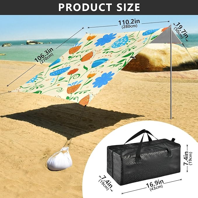 Beach Canopy with Windproof Ropes &amp Sandbags Beach Tent Sun Shade Sun Shelter for Camping Trips Fishing Backyard Fun or Picnics Flowers