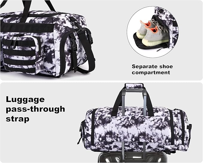 LHI 50L Tactical Duffle Bag for Men 3-in-1 Gym Duffle and Backpack Shoe Compartment Laptop Sleeve and MOLLE Carry-On Travel Weekender and Overnight Bag – Black and White