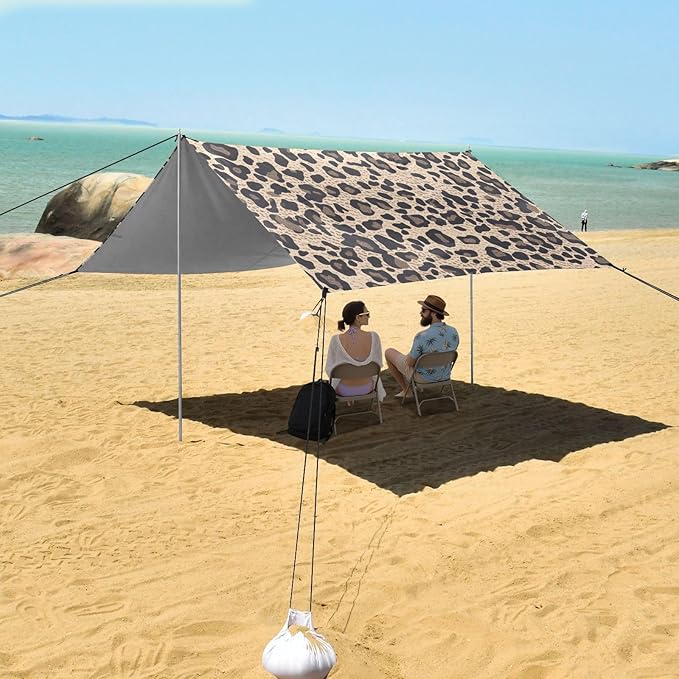 Leopard Print Pattern Stable Beach Tent UPF50+ Easy Setup Portable Sun Shelter with Sandbags and Shovel for Camping Trips Fishing Backyard Fun or Picnics
