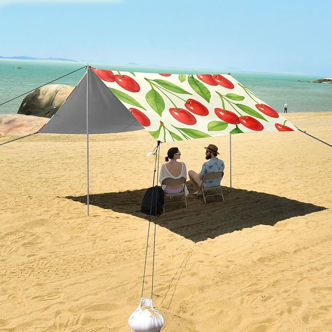 xigua Cherry Beach Tent Sun Shelter with Carrying Bag - Silver Coated Oxford Fabric Beach Canopy for Beach Camping Fishing - Includes Windproof Ropes Sandbags &amp Stakes