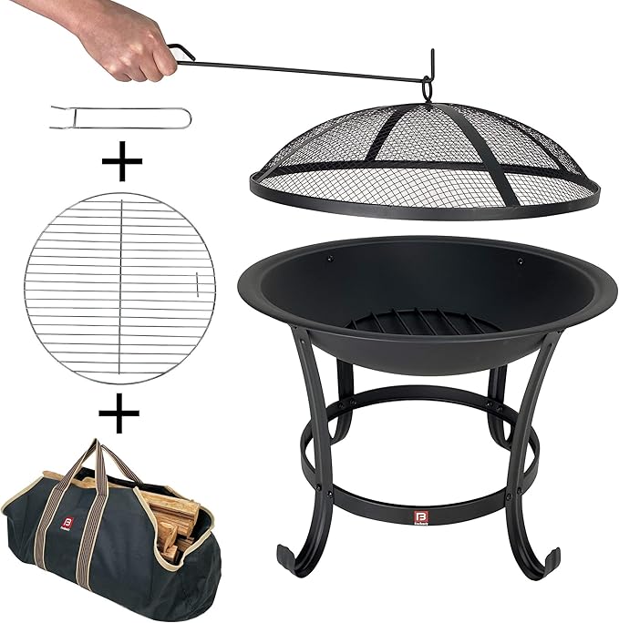 FireBeauty Fire Pit BBQ Grill Pit Bowl with Mesh Spark Screen CoverPoker (Includes Tote Bag)